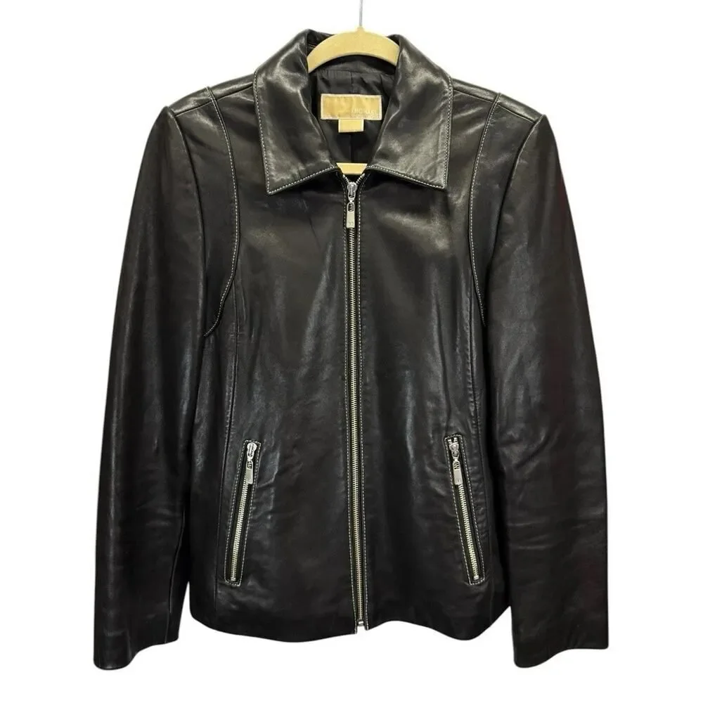 Michael Kors Black Leather Zip Jacket Women’s Medium Moto Minimalist Jacket